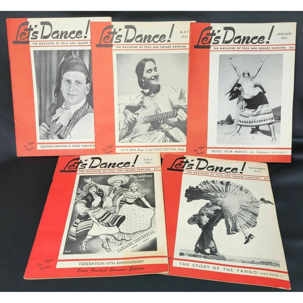 5 Vintage 1950's Let's Dance! Folk & Square Dancing Magazines